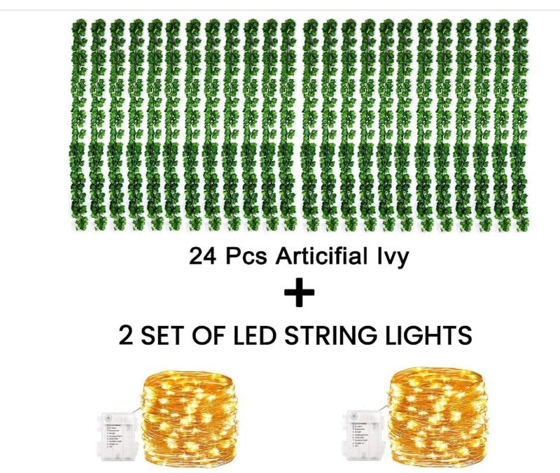 KASZOO 24Pack / Each 82 inch, Artificial Ivy Garland Fake Plants with 160 LED String Light, Green for Wedding Party Garden Outdoor Greenery Wall Decoration - Image 2